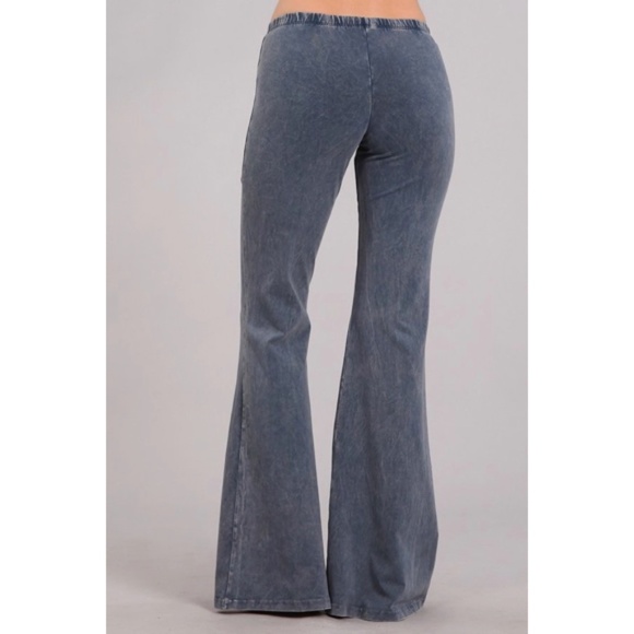 Blue Gray Boho Mineral Wash Flared Stretch Pants - Picture 3 of 6
